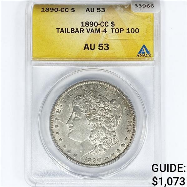 1890-CC Morgan Silver Dollar ANACS AU53 Tailbar VA