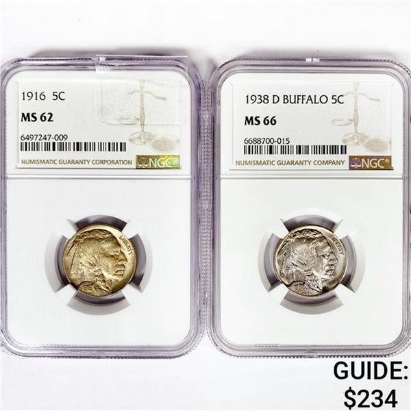 1916-1938 SET (2) Buffalo Nickel NGC MS