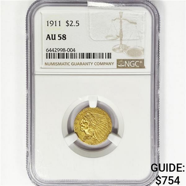 1911 $2.50 Gold Quarter Eagle NGC AU58