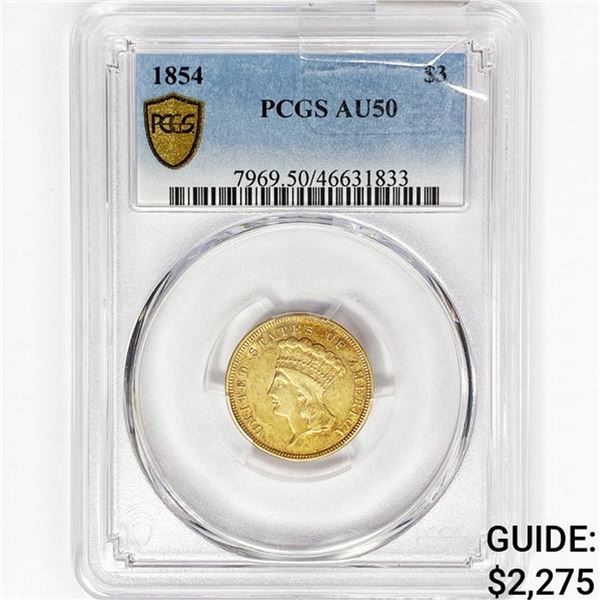 1854 $3 Gold Piece PCGS AU50