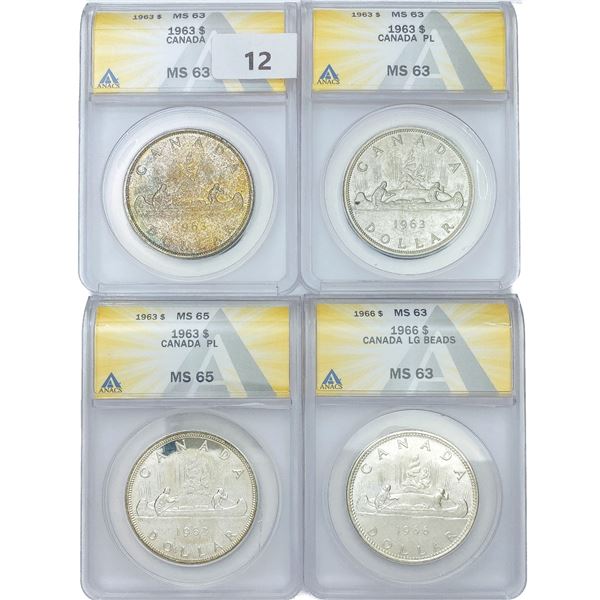 (4) Canada Silver Dollars ANACS MS63-5 (1963)