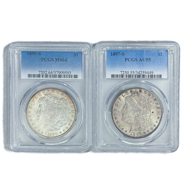 (2) Morgan Silver Dollars PCGS (1890-S, 1897-S)