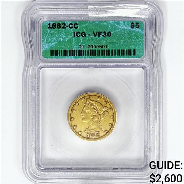 1882-CC $5 Gold Half Eagle ICG VF30