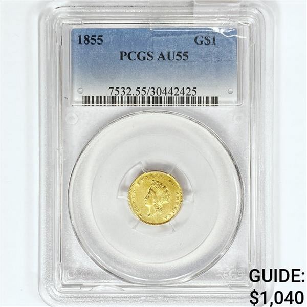 1855 Rare Gold Dollar PCGS AU55 T2