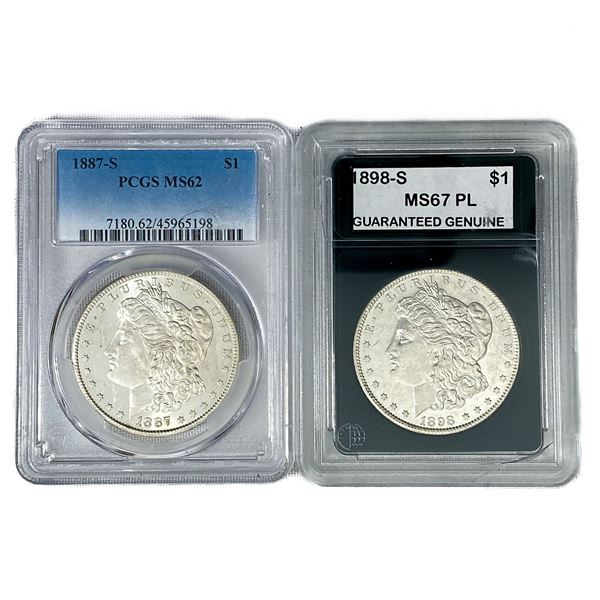 (2) Morgan Silver Dollars MS62/67 (1887-S, 1898-S