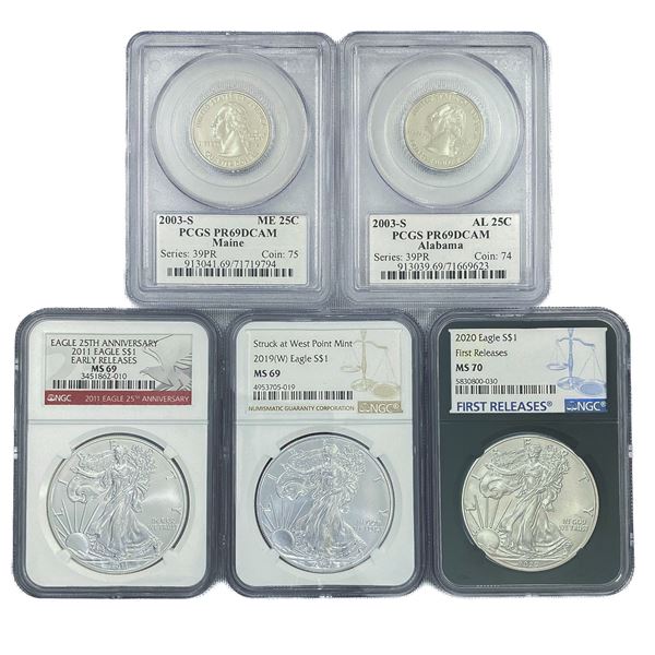 (5) Varied US Silver Coinage PCGS/NGC MS/PR69 ((2)