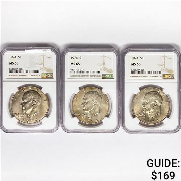 1974 Set (3) Eisenhower Silver Dollars NGC MS65