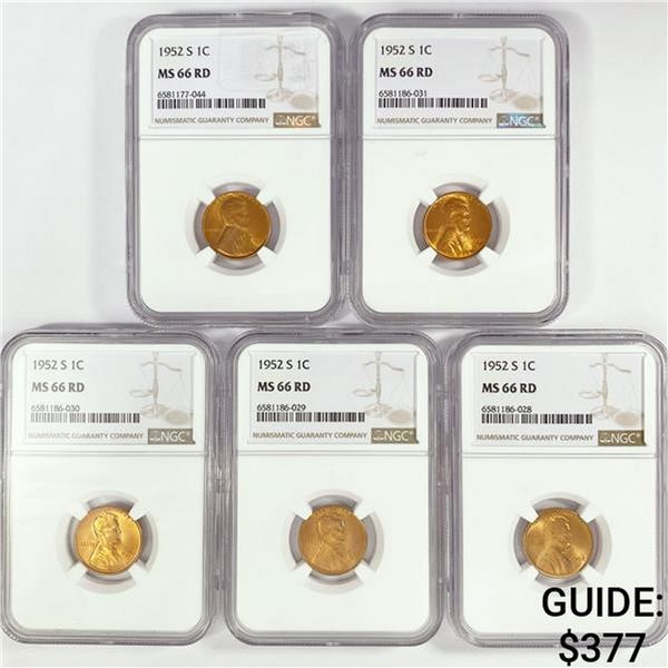 1952-S Set (5) Wheat Cent NGC MS66 RD