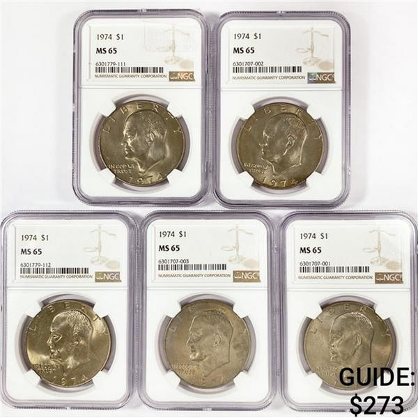 (5) 1974 Eisenhower Silver Dollars NGC MS65