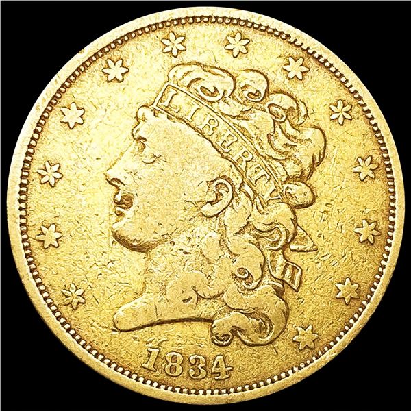 1834 $5 Gold Half Eagle LIGHTLY CIRCULATED