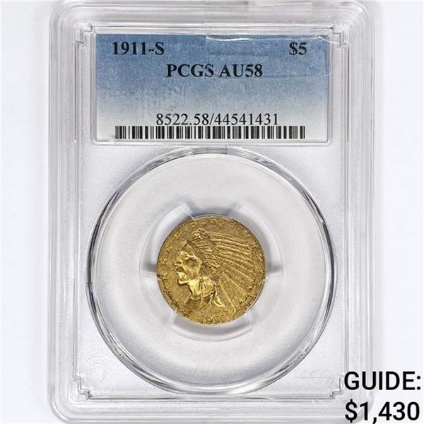 1911-S $5 Gold Half Eagle PCGS AU58