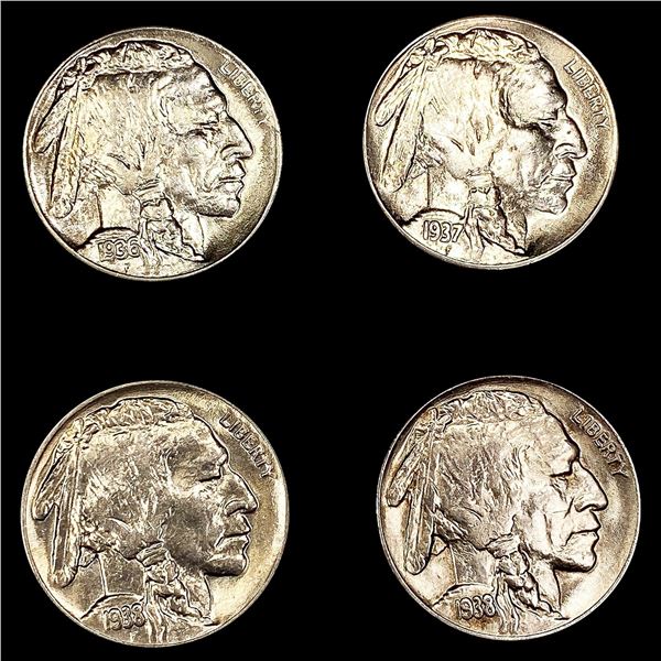 (4) Buffalo Nickels (1936-S, 1937-S, (2) 1938-D)