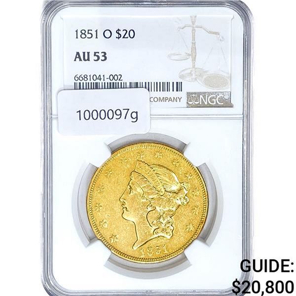 1851-O $20 Gold Double Eagle NGC AU53