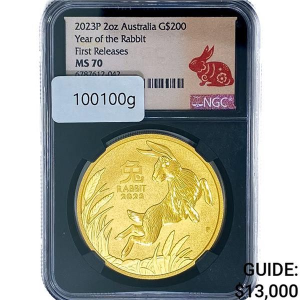 2023-P 2oz Australia Gold $200 Rabbit NGC MS70