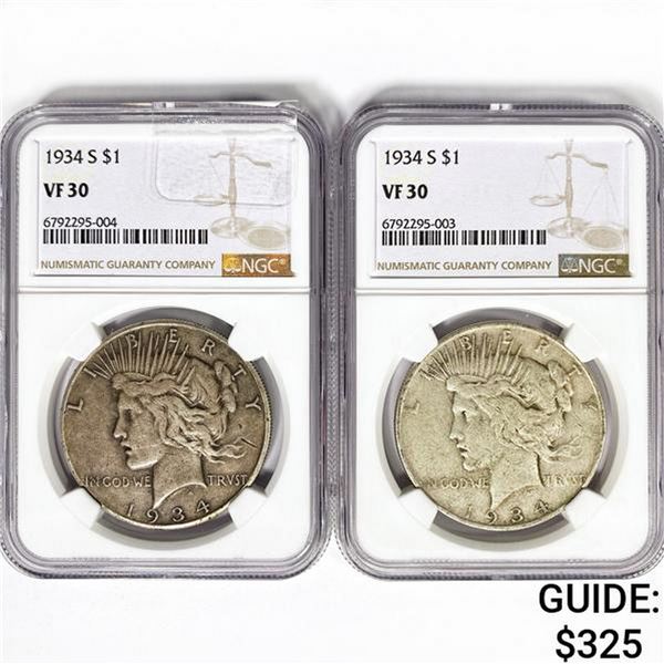 1934 SET (2) Silver Peace Dollars NGC VF30
