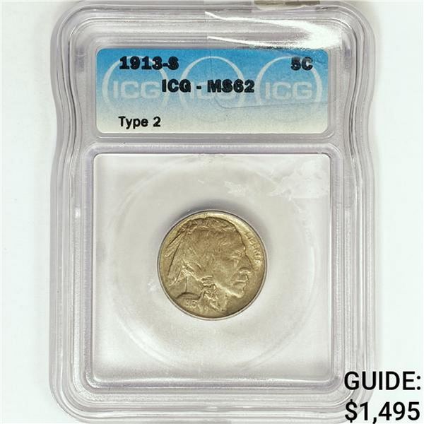 1913-S Buffalo Nickel ICG MS62 Type 2