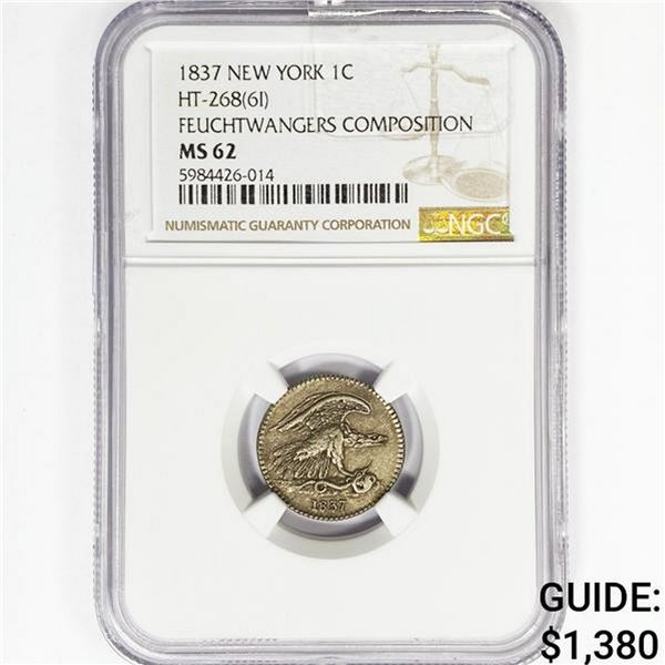1837 NY Feuchtwangers Cent NGC MS62 HT-268(6I)