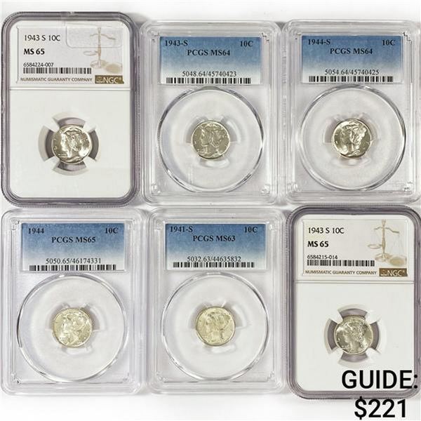 (6) Silver Mercury Dimes PCGS,NGC MS1941-S - 1944