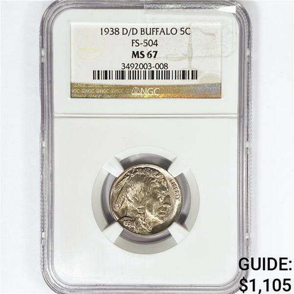 1938 D/D Buffalo Nickel NGC MS67 FS-504