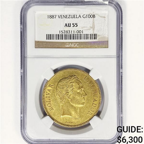 1887 Venezuela .9334oz Gold 100 Bolivares NGC AU55