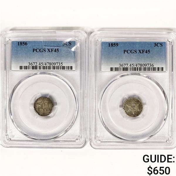 (2) US Silver Three Cents PCGS XF45 (1856, 1859)