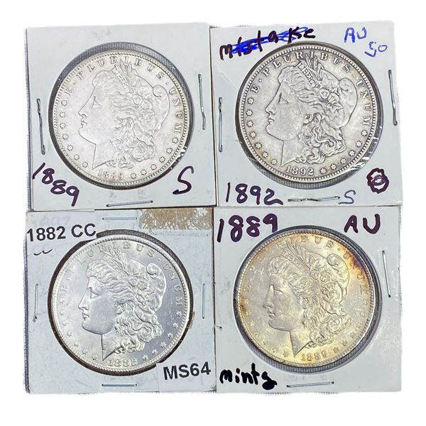 (4) Morgan Silver Dollars (1882, 1889, 1889-S, 1