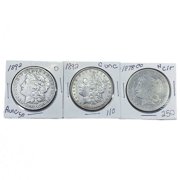 (3) Morgan Silver Dollars (1878-CC, 1892, 1892-O