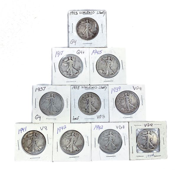 (10) Walking Half Dollars (1917, 1937, 1938, 193
