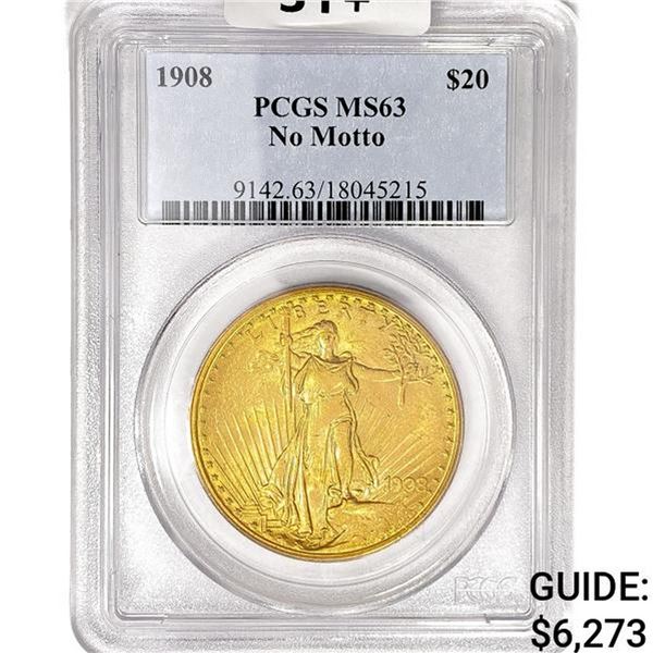 1908 SG $20 Gold Double Eagle PCGS MS63 No Motto