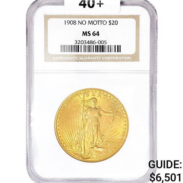 1908 SG $20 Gold Double Eagle NGC MS64 No Motto