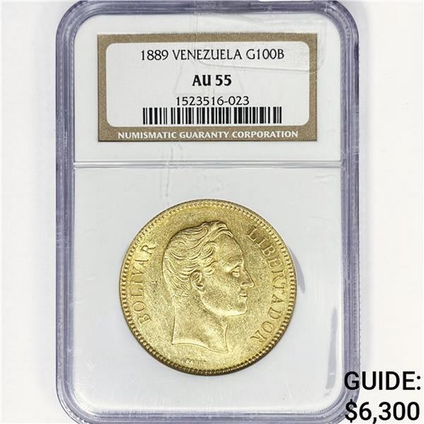 1889 Venezuela .9334oz Gold 100 Bolivares NGC AU55