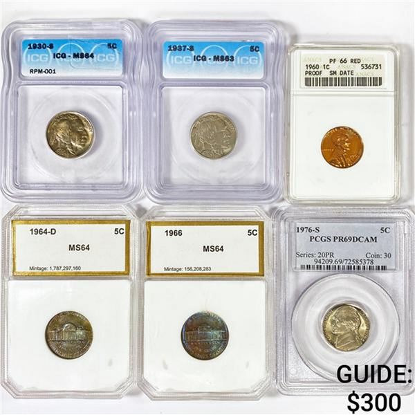(6) Varied US Coinage MS/PF (1930-S, 1937-S, 1960