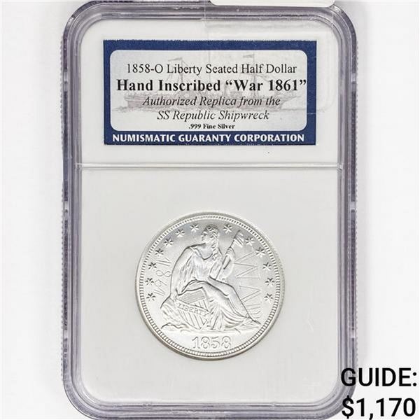 1858-O Seated Lib. 50C NGC Shipwreck SS Rep Bx Set