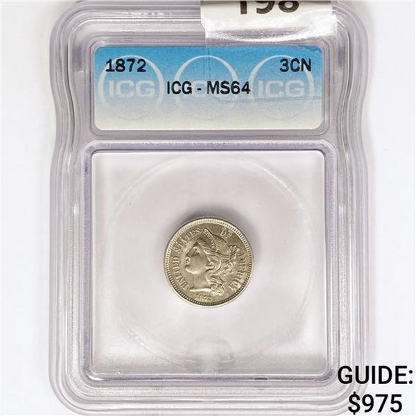 1872 Nickel Three Cent ICG MS64