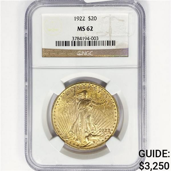 1922 $20 Gold Double Eagle NGC MS62