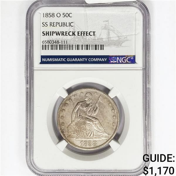 1858-O Seated Lib. 50C NGC Shipwreck SS Rep Bx Set
