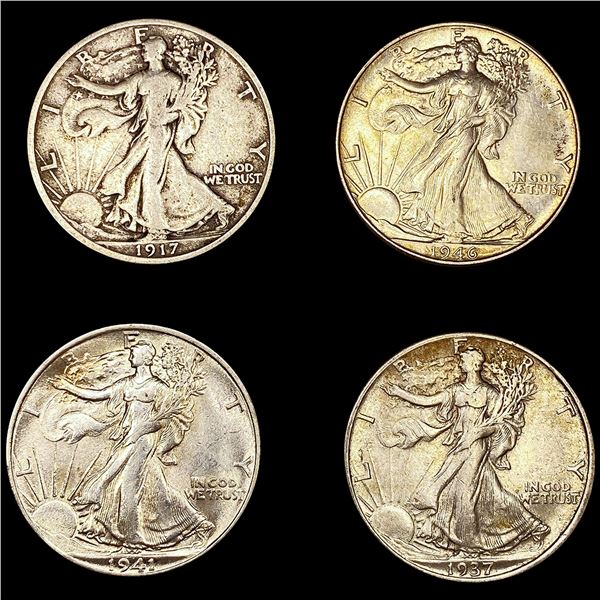 (4) Walking Half Dollars (1917, 1937-S, 1941-S, 19