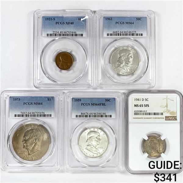(5) Varied US Coinage PCGS,NGC 1921-1973