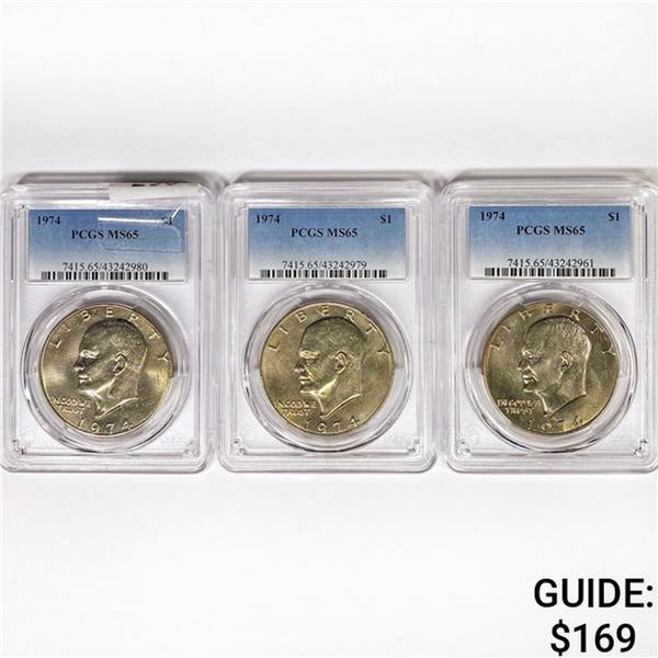 1974 Set (3) Eisenhower Silver Dollars PCGS MS65