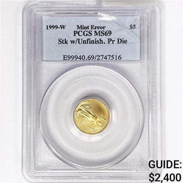 1999-W US $5 1/10oz Gold PCGS MS69 Stk Unfinish. P