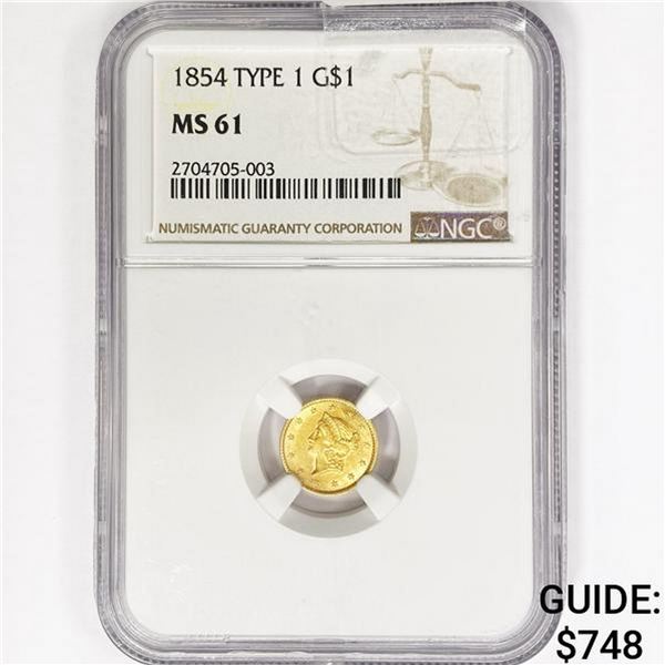 1854 Rare Gold Dollar NGC MS61 Type 1