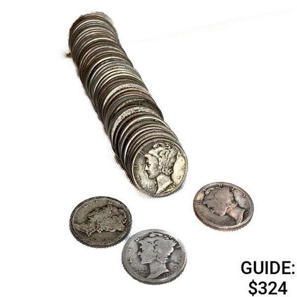 1916-1945 Mercury Silver Dime Roll (57 Coins)