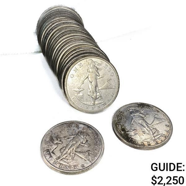 1908 US Philippines Silver Peso Roll (25 Coins)