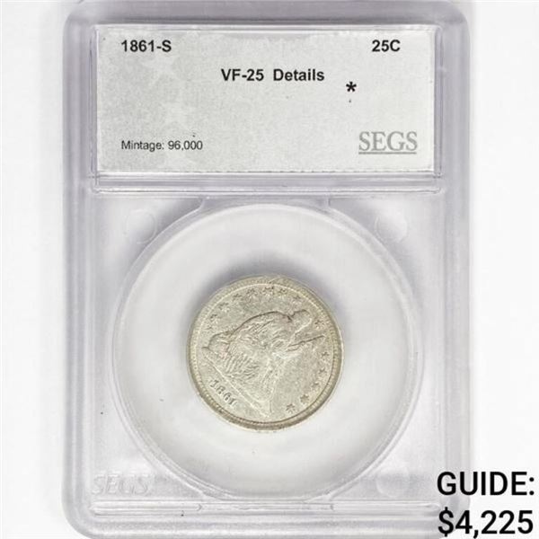 1861-S Seated Liberty Quarter SEGS VF25 Details