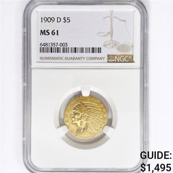 1909-D $5 Gold Half Eagle NGC MS61