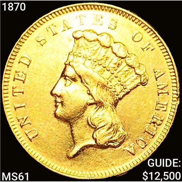 1870 $3 Gold Piece CLOSELY UNCIRCULATED