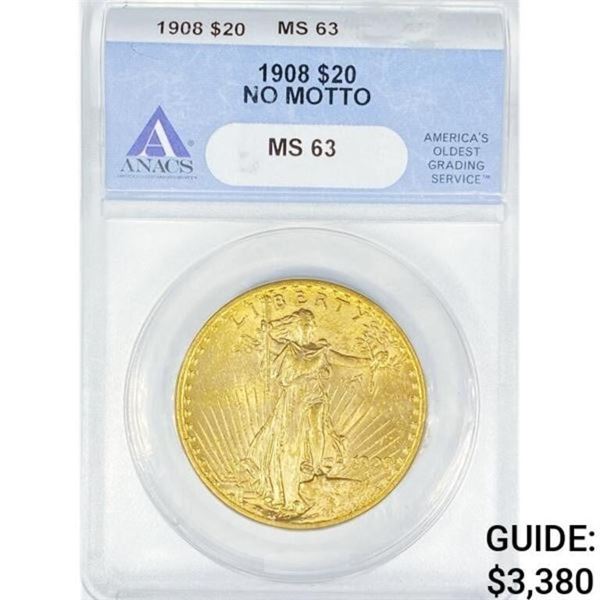1908 $20 Gold Double Eagle ANACS MS63 No Mott