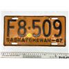 1947 Saskatchewan Canada Vintage License Plate F 8-509