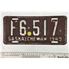 113  1949 Saskatchewan Canada Vintage License Plate F 6517