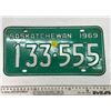 1969 Saskatchewan Canada Vintage License Plate 133-555